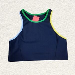 Splits59 Navy Sports Bra with Green, Blue, and Yellow Trim